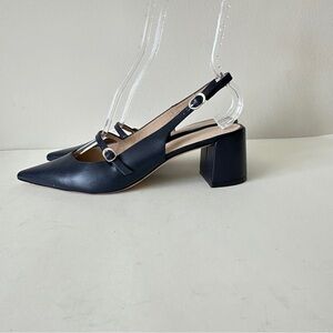 Stuart Weitzman Emilia MJ Navy Blue Block Heel Pointed Toe Slingbacks, Sz 10